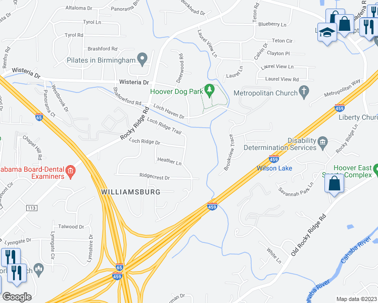 map of restaurants, bars, coffee shops, grocery stores, and more near 3471 Loch Ridge Trail in Hoover