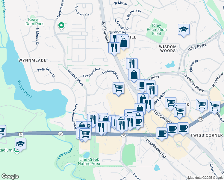 map of restaurants, bars, coffee shops, grocery stores, and more near 216 Turnbridge Circle in Peachtree City