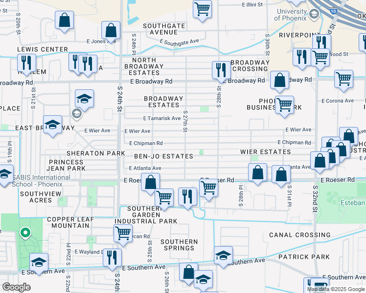 map of restaurants, bars, coffee shops, grocery stores, and more near 2559 East Chipman Road in Phoenix