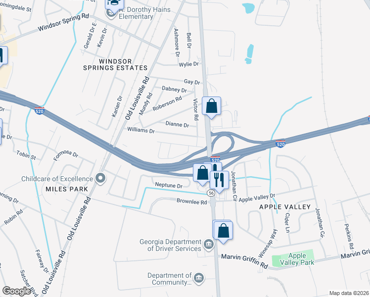 map of restaurants, bars, coffee shops, grocery stores, and more near 1912 Preston Drive in Augusta
