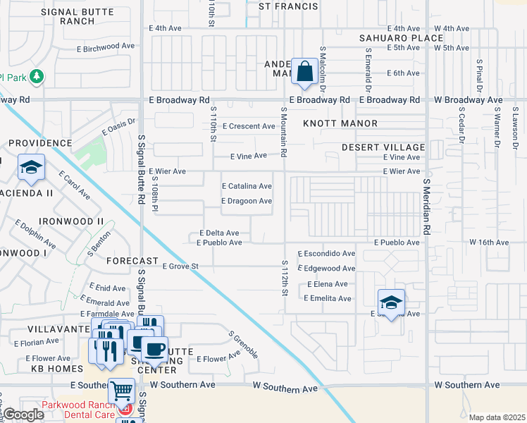 map of restaurants, bars, coffee shops, grocery stores, and more near 11126 East Diamond Avenue in Mesa