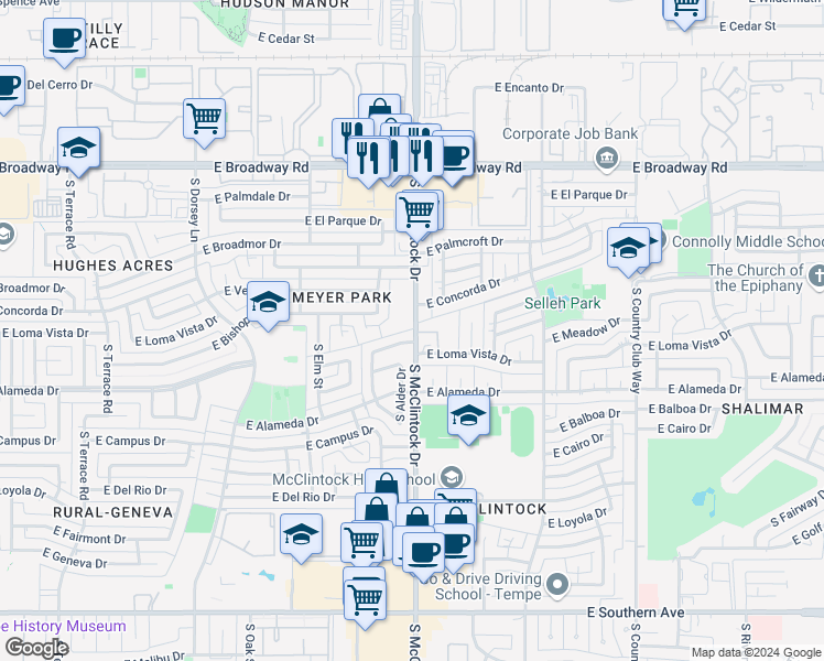 map of restaurants, bars, coffee shops, grocery stores, and more near 2644 South Alder Drive in Tempe