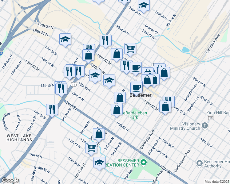 map of restaurants, bars, coffee shops, grocery stores, and more near 523 17th Street North in Bessemer