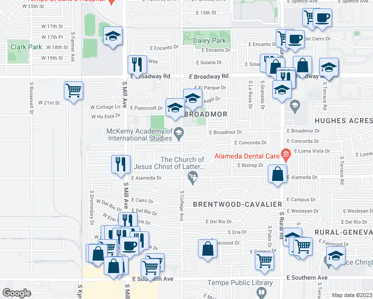 map of restaurants, bars, coffee shops, grocery stores, and more near 2415 South College Avenue in Tempe