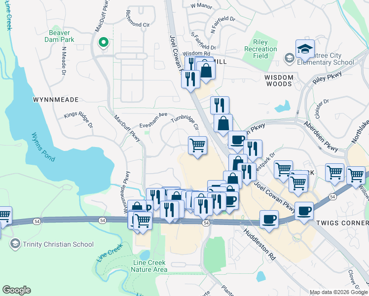 map of restaurants, bars, coffee shops, grocery stores, and more near 214 Turnbridge Circle in Peachtree City
