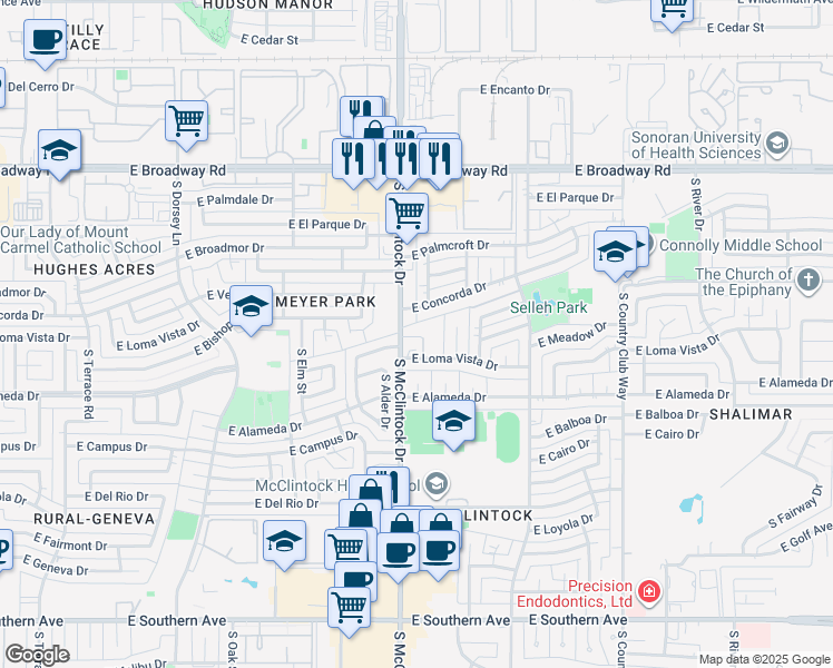 map of restaurants, bars, coffee shops, grocery stores, and more near 2644 South Alder Drive in Tempe