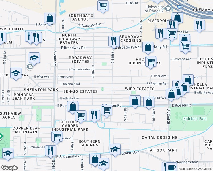 map of restaurants, bars, coffee shops, grocery stores, and more near 2747 East Chipman Road in Phoenix