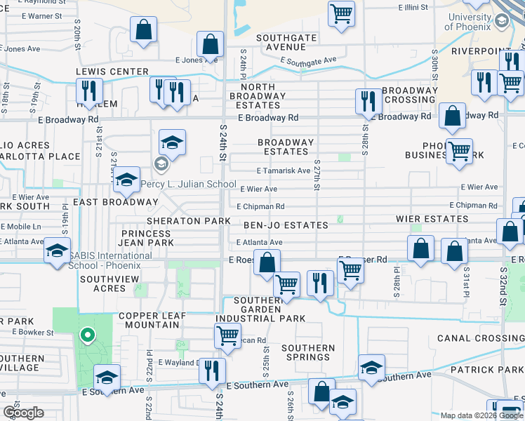 map of restaurants, bars, coffee shops, grocery stores, and more near 2445 East Chipman Road in Phoenix