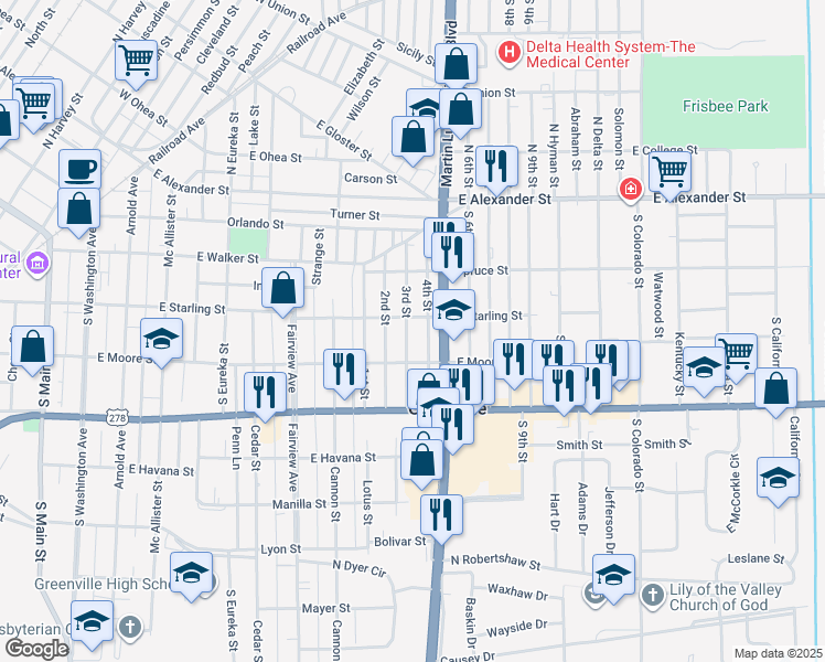 map of restaurants, bars, coffee shops, grocery stores, and more near 423 3rd Street in Greenville