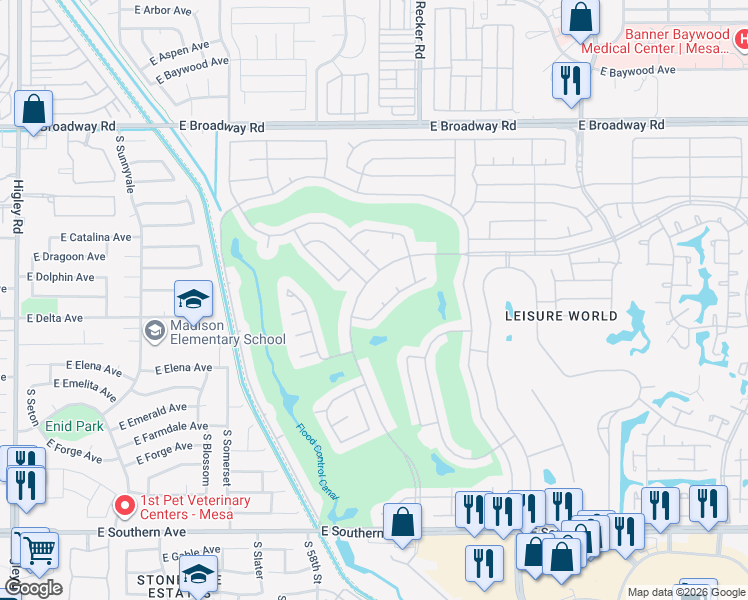 map of restaurants, bars, coffee shops, grocery stores, and more near 1609 Leisure World in Mesa