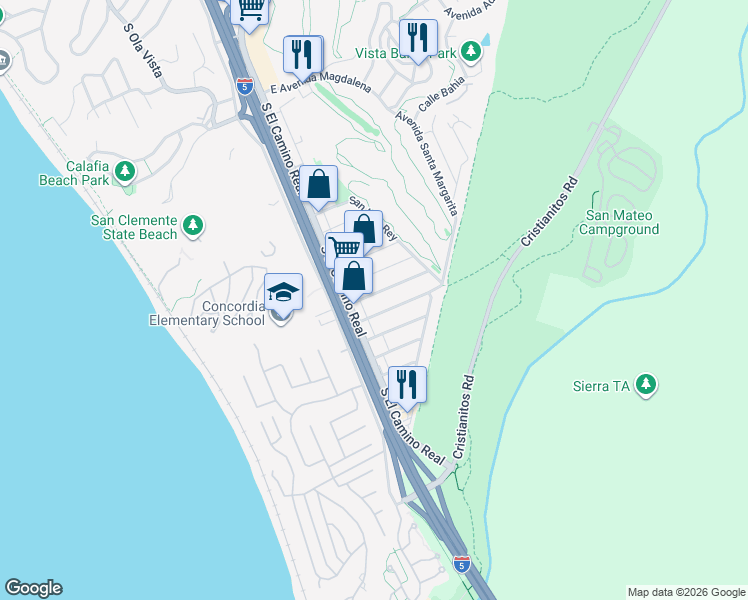 map of restaurants, bars, coffee shops, grocery stores, and more near 102B Avenida Buena Ventura in San Clemente