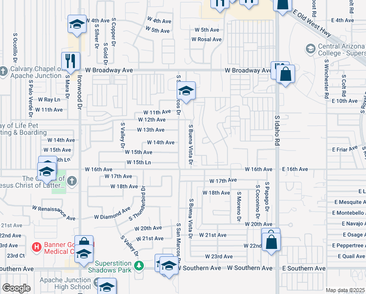 map of restaurants, bars, coffee shops, grocery stores, and more near 824 West 15th Avenue in Apache Junction