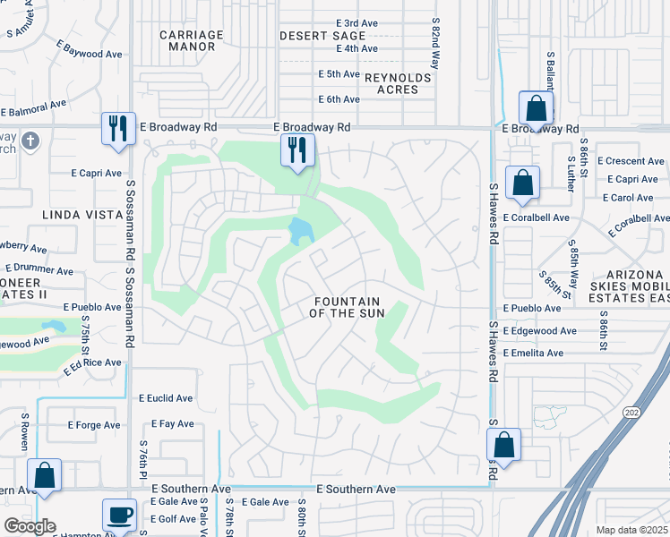 map of restaurants, bars, coffee shops, grocery stores, and more near 7950 East Pueblo Avenue in Mesa