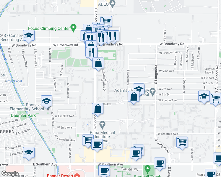 map of restaurants, bars, coffee shops, grocery stores, and more near Holiday Drive in Mesa
