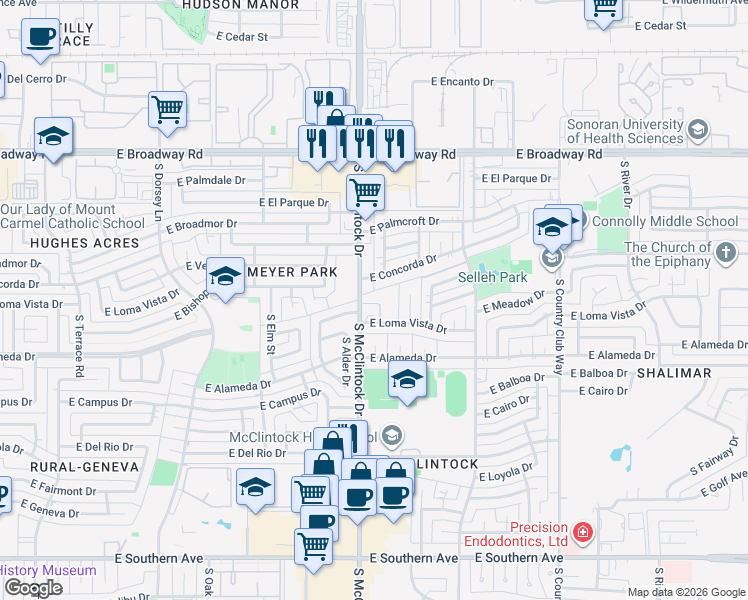 map of restaurants, bars, coffee shops, grocery stores, and more near 2644 South Alder Drive in Tempe