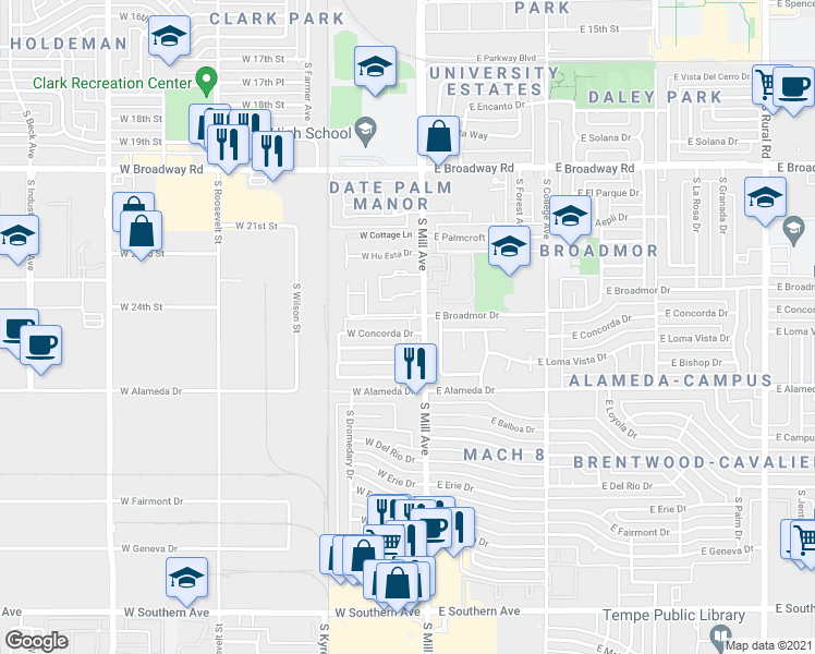 map of restaurants, bars, coffee shops, grocery stores, and more near 16 West Concorda Drive in Tempe
