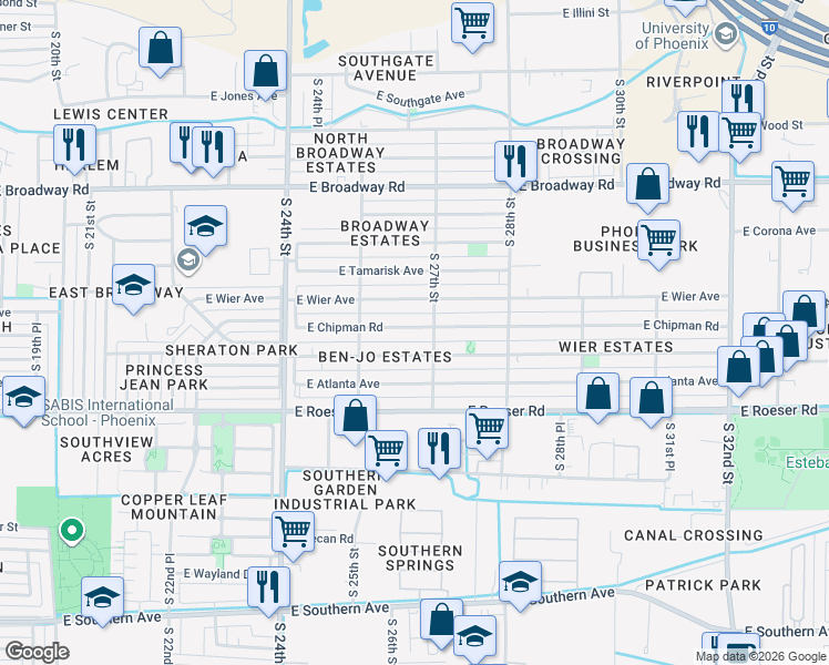map of restaurants, bars, coffee shops, grocery stores, and more near 2559 East Chipman Road in Phoenix