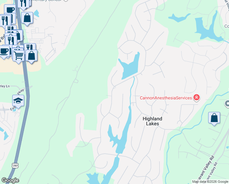 map of restaurants, bars, coffee shops, grocery stores, and more near 1319 Highland Lakes Trail in Birmingham