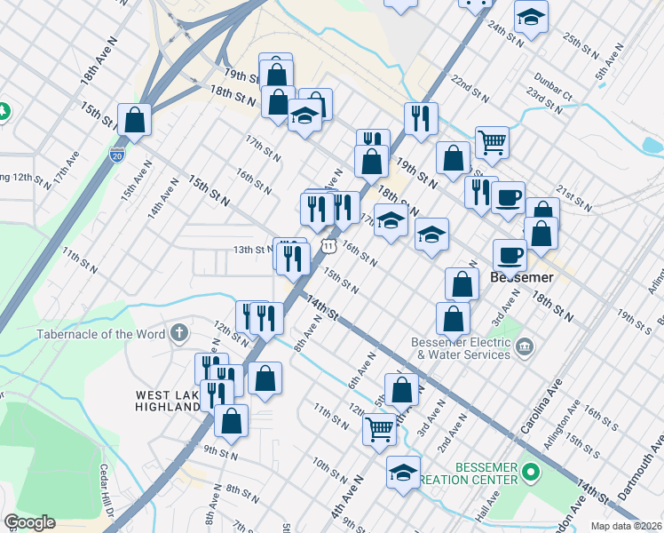 map of restaurants, bars, coffee shops, grocery stores, and more near 819 15th Street North in Bessemer