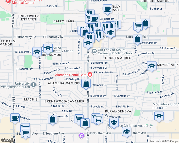 map of restaurants, bars, coffee shops, grocery stores, and more near 2525 South Rural Road in Tempe