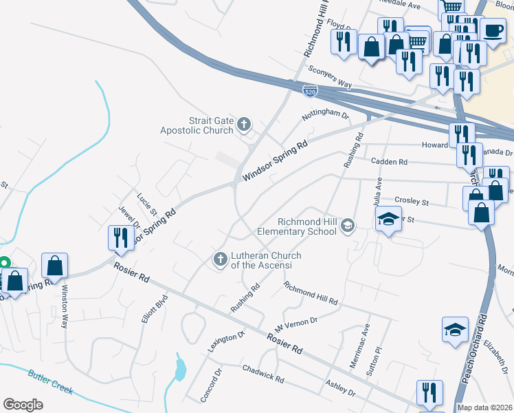 map of restaurants, bars, coffee shops, grocery stores, and more near 2240 Cadden Road in Augusta