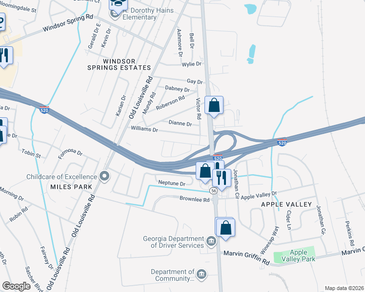 map of restaurants, bars, coffee shops, grocery stores, and more near 1912 Preston Drive in Augusta