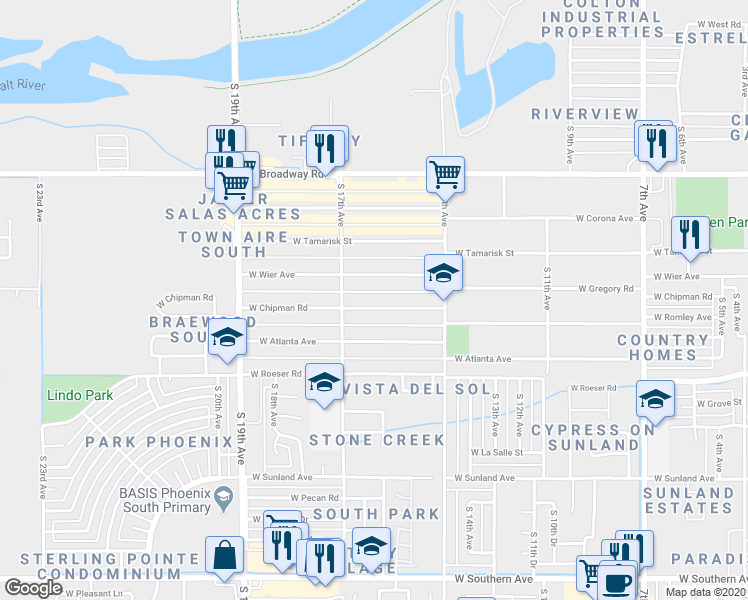 map of restaurants, bars, coffee shops, grocery stores, and more near 1620 West Chipman Road in Phoenix