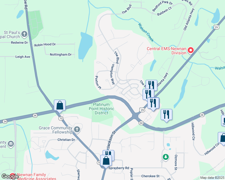 map of restaurants, bars, coffee shops, grocery stores, and more near 32 Paxton Place in Newnan