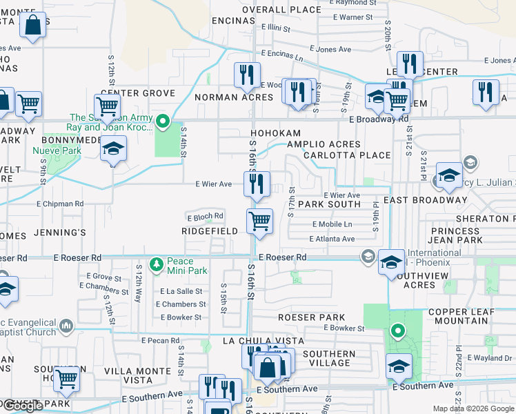 map of restaurants, bars, coffee shops, grocery stores, and more near 4835 South 16th Street in Phoenix