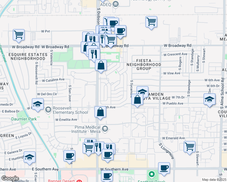 map of restaurants, bars, coffee shops, grocery stores, and more near Holiday Drive in Mesa