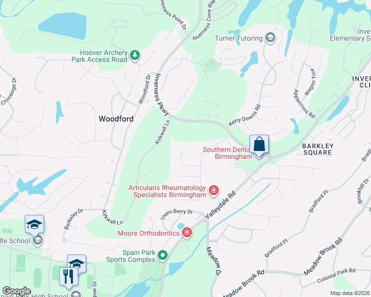 map of restaurants, bars, coffee shops, grocery stores, and more near 2936 Clydebank Circle in Birmingham