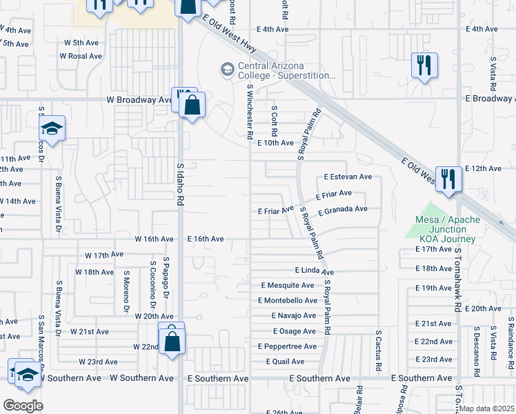 map of restaurants, bars, coffee shops, grocery stores, and more near 458 East Friar Avenue in Apache Junction