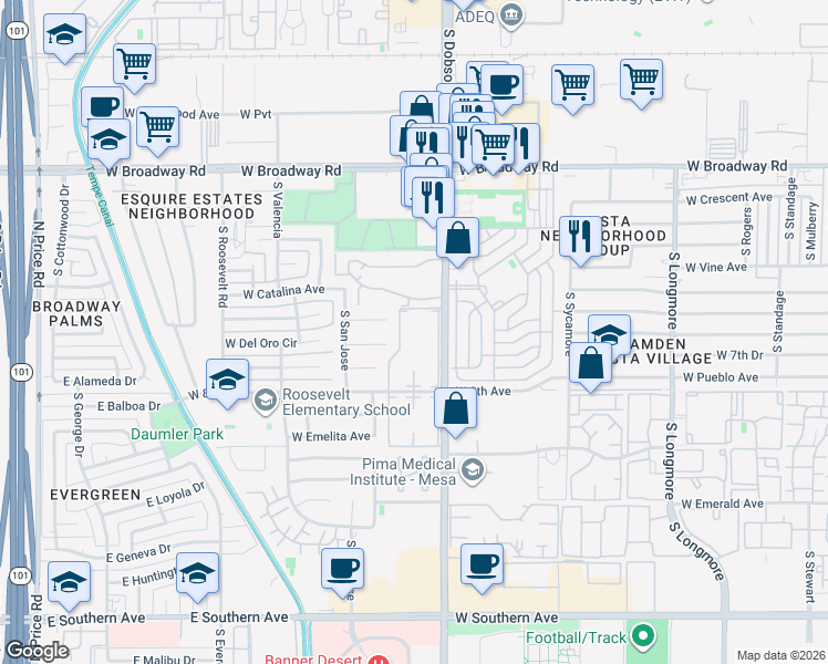 map of restaurants, bars, coffee shops, grocery stores, and more near 2106 West Del Oro Circle in Mesa