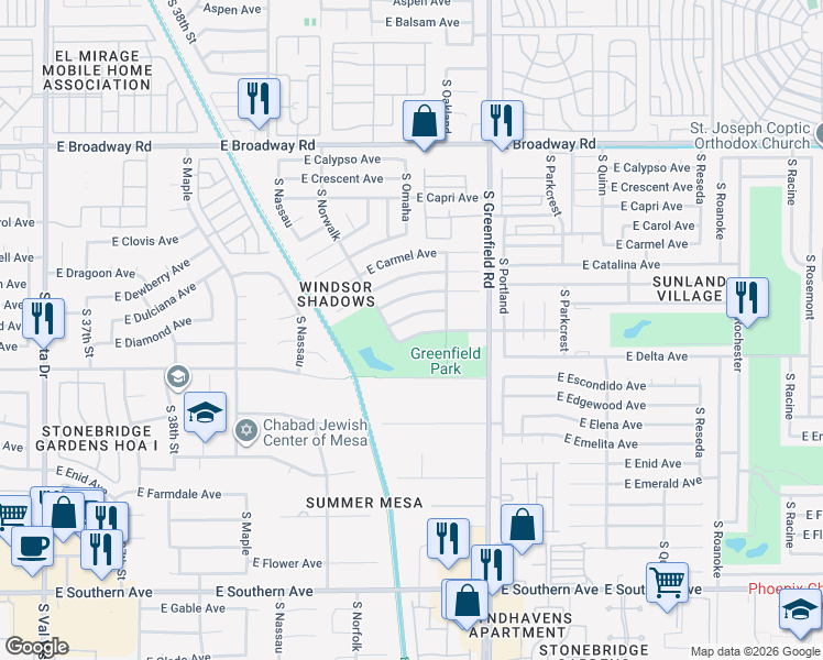 map of restaurants, bars, coffee shops, grocery stores, and more near 4136 East Diamond Avenue in Mesa