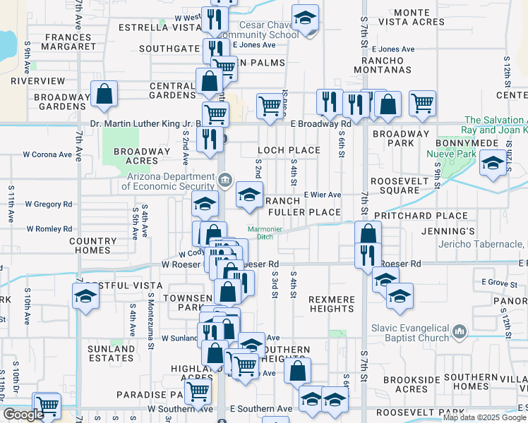 map of restaurants, bars, coffee shops, grocery stores, and more near 4819 South 2nd Street in Phoenix