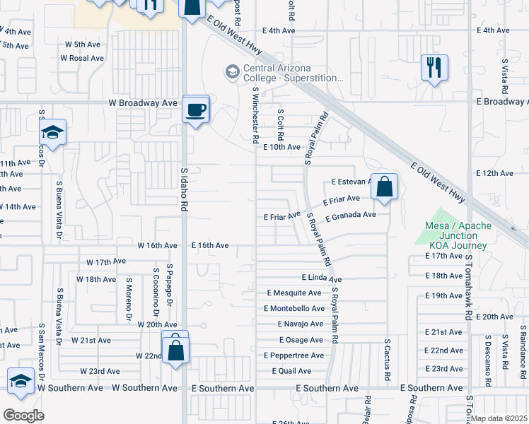map of restaurants, bars, coffee shops, grocery stores, and more near 458 East Friar Avenue in Apache Junction