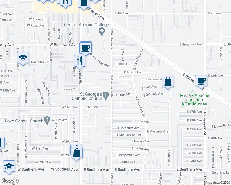 map of restaurants, bars, coffee shops, grocery stores, and more near 448 East Friar Avenue in Apache Junction