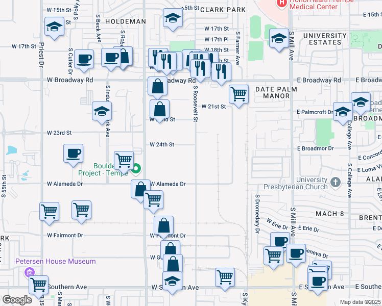 map of restaurants, bars, coffee shops, grocery stores, and more near 2400 South Roosevelt Street in Tempe