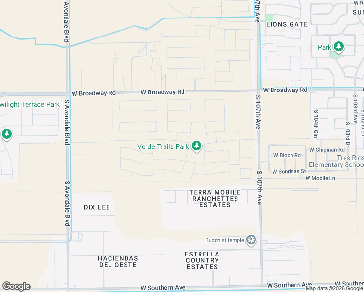map of restaurants, bars, coffee shops, grocery stores, and more near 10709 West Broadway Road in Tolleson