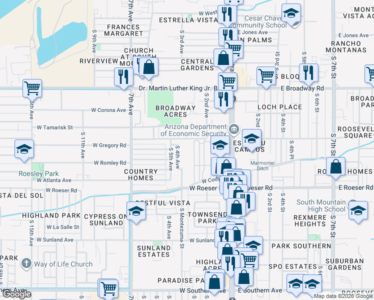 map of restaurants, bars, coffee shops, grocery stores, and more near 245 West Wier Avenue in Phoenix