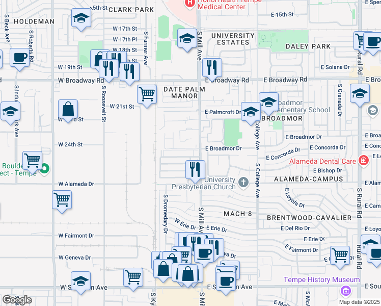map of restaurants, bars, coffee shops, grocery stores, and more near 16 W Concorda Dr in Tempe