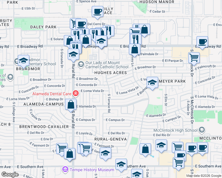 map of restaurants, bars, coffee shops, grocery stores, and more near 2505 South Terrace Road in Tempe