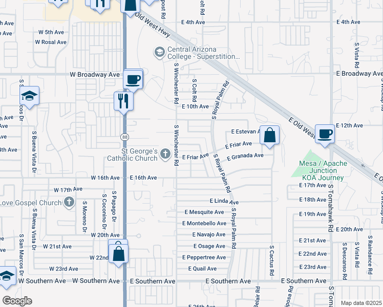 map of restaurants, bars, coffee shops, grocery stores, and more near 555 East Friar Avenue in Apache Junction