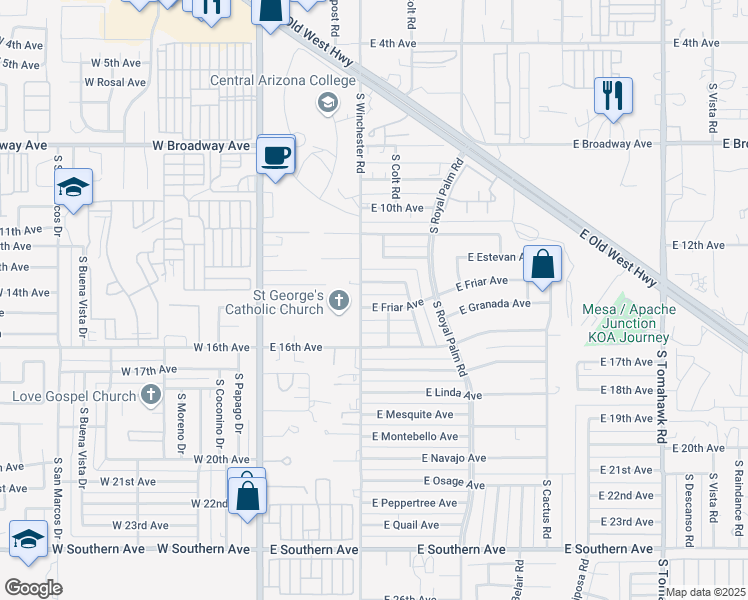map of restaurants, bars, coffee shops, grocery stores, and more near 458 East Friar Avenue in Apache Junction