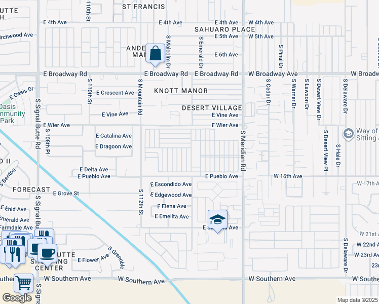 map of restaurants, bars, coffee shops, grocery stores, and more near 702 South Meridian Road in Mesa