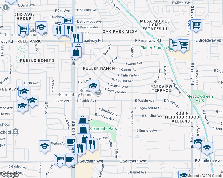 map of restaurants, bars, coffee shops, grocery stores, and more near 738 South Rose in Mesa