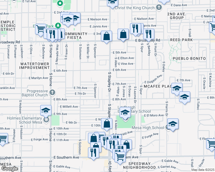 map of restaurants, bars, coffee shops, grocery stores, and more near 718 South Stapley Drive in Mesa