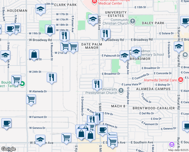 map of restaurants, bars, coffee shops, grocery stores, and more near 16 West Concorda Drive in Tempe