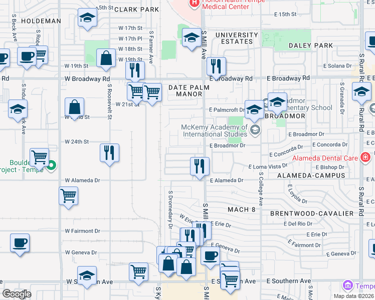 map of restaurants, bars, coffee shops, grocery stores, and more near 16 West Concorda Drive in Tempe