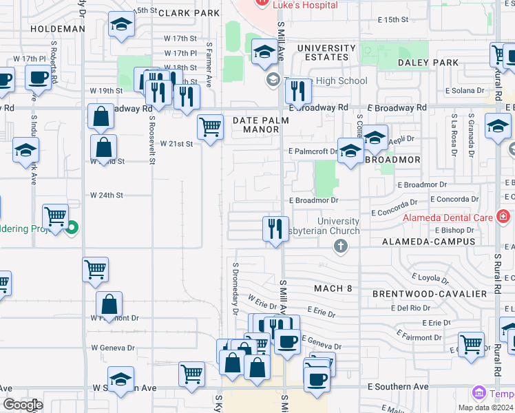 map of restaurants, bars, coffee shops, grocery stores, and more near 104 West Concorda Drive in Tempe